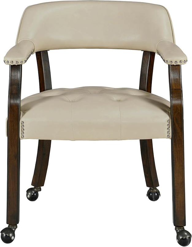 Large Dining Chairs with Casters and Arms, Rolling Dining Chairs with Wheels, Solid Wood Office Desk Chairs, 26“Dx25.2 Wx31.5“H, Espresso Legs & Beige PU, XXY-1910-BG - LeafyLoom