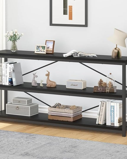 IBF 63" Black Low Horizontal Bookcase, Modern Long Wood Metal 3 Tier Book Shelf, Farmhouse Vintage Big open sturdy Bookshelf, Simple Large Wide Etagere for home living room office bedroom, Black Oak - LeafyLoom