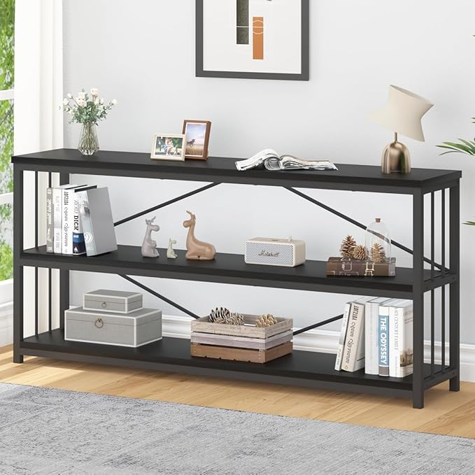 IBF 63" Black Low Horizontal Bookcase, Modern Long Wood Metal 3 Tier Book Shelf, Farmhouse Vintage Big open sturdy Bookshelf, Simple Large Wide Etagere for home living room office bedroom, Black Oak - LeafyLoom