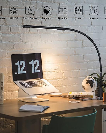 Desk Lamp, Eye-Caring Desk Light, Gooseneck Lamp with Clamp, Adjustable Color Temperature & Brightness, Clip on Lamp with Memory & Timer Function, Clamp Lamp for Home Office, 12W, Black - LeafyLoom