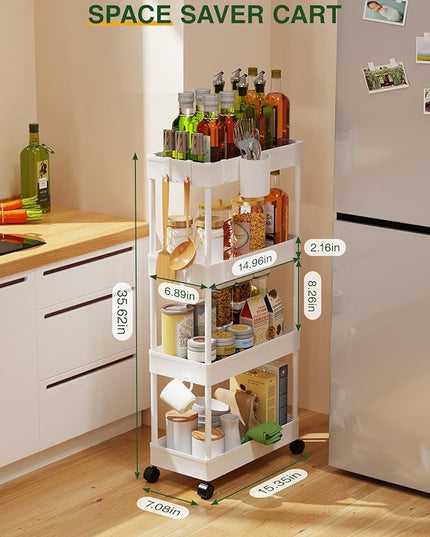 LEHOM Slim Rolling Storage Cart - 4 Tiers Bathroom Organizer Utility Cart Slide Out Storage Shelves Mobile Shelving Unit for Kitchen, Bedroom, Office, Laundry Room, Small Narrow Spaces (Pear White) - LeafyLoom
