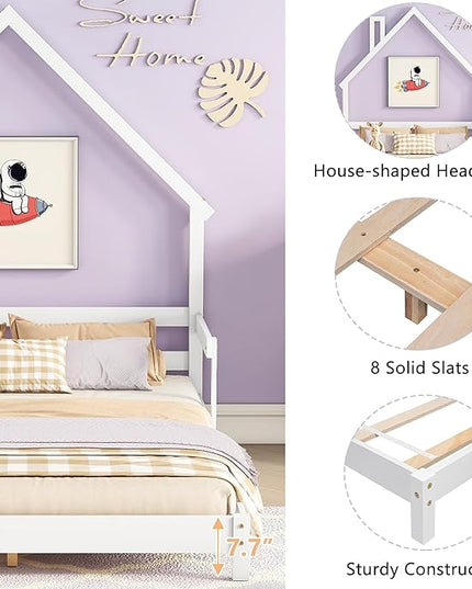 Full Size Bed Frame for Kids,House-Shaped Headboard Kids Bed,Girls Bed with Handrails,Low Platform Bed for Boys Girls,No Box Spring Needed(White) - LeafyLoom