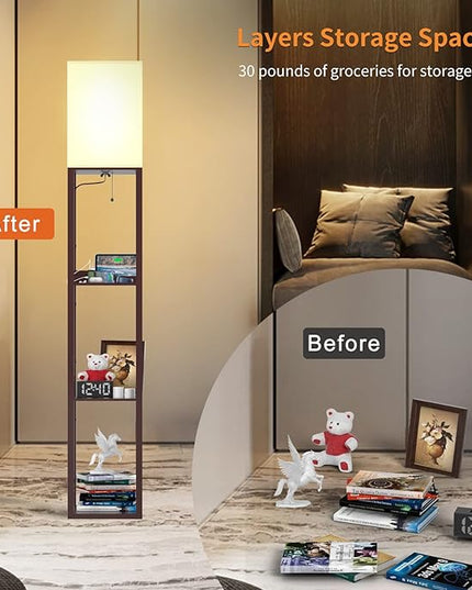 PAZZO Floor Lamp with Shelves, Shelf Floor Lamps by Solid Wood with 2 Charging Ports and 1 Power Outlet, Floor Lamps for Bedrooms, Lamps for Living Room, Brown Color - LeafyLoom
