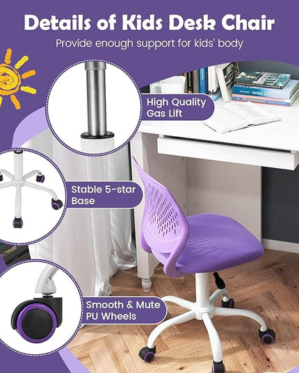 Kids Desk Chair, Purple Ergonomic Kids Office Chair Ages8-12 w/Lumbar Support, Low-Back Teen Desk Chair for Girls Boys, Small Cute Kids Computer Chair for Bedroom/Study/Vanity Desk - LeafyLoom
