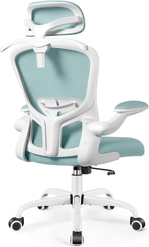 FelixKing Office Chair with Headrest, Ergonomic Desk Chair with Wheels,Hanger，Adjustable Lumbar Support Swivel Comfy Task Chair with Flip-up Armrests, Ergo Mesh Backrest (Light Blue) - LeafyLoom