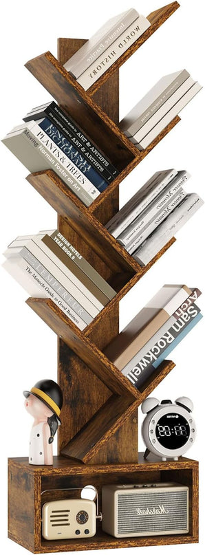 YMYNY 6 Tier Tree Bookshelf, Tall Bookcase, Wood Book Storage Rack with Drawer, Modern Floor Standing Book Shelf for Books/Movies/CDs, Utility Organizer for Living Room, Office, Rustic Brown UHBC016H - LeafyLoom
