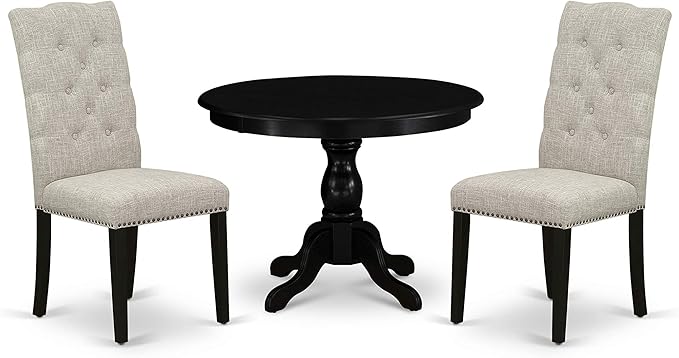 East West Furniture HBEL3-ABK-35 Hartland 3 Piece Kitchen Set Contains a Round Dining Table with Pedestal and 2 Doeskin Linen Fabric Upholstered Chairs, 42x42 Inch - LeafyLoom