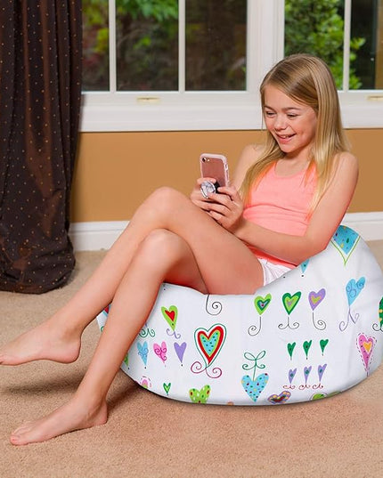 Posh Creations Bean Bag Chair for Kids, Teens, and Adults Includes Removable and Machine Washable Cover, Canvas Multi-Colored Hearts on White, 27in - Medium - LeafyLoom