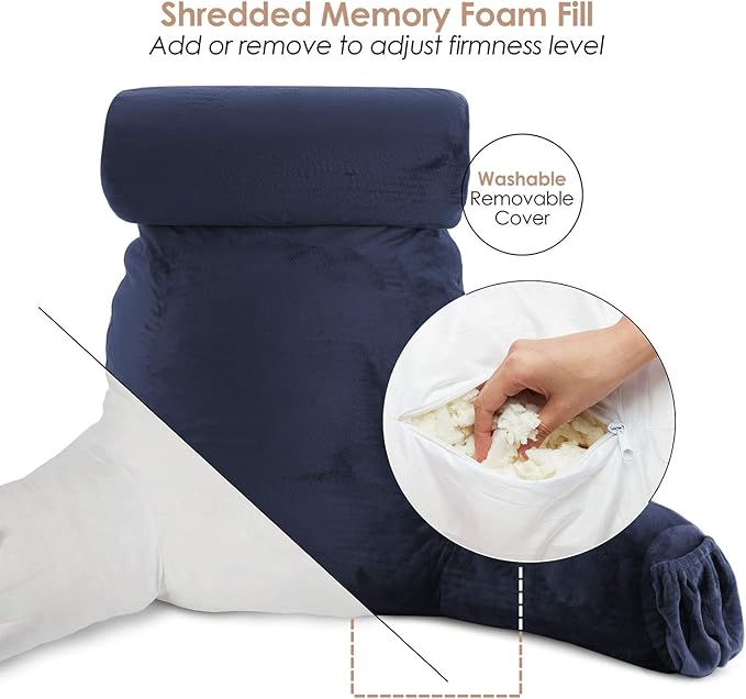 Clara Clark Reading Pillow, Large Back Pillow for Sitting Up in Bed, Memory Foam Back Support Pillow, Reading Pillows for Sitting in Bed Adult, Navy Blue Sit Up Pillow for Bed with Arms and Pockets - LeafyLoom
