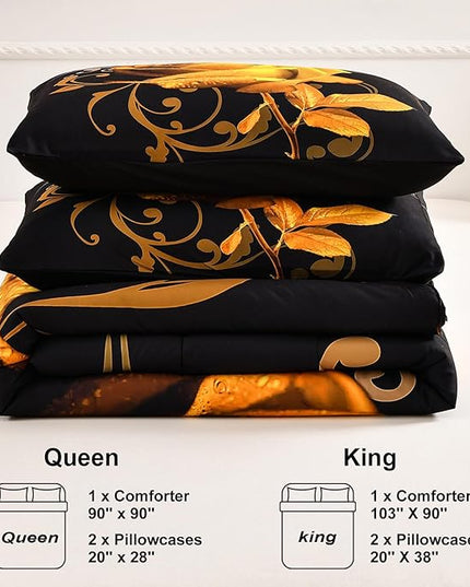 WONGS BEDDING Yellow Comforter Set King Reversible Yellow Rose Pattern Printed Bedding Comforter Set with 2 Pillowcases for All Seasons, Soft Microfiber Filling Bedding Set 103"x90" - LeafyLoom