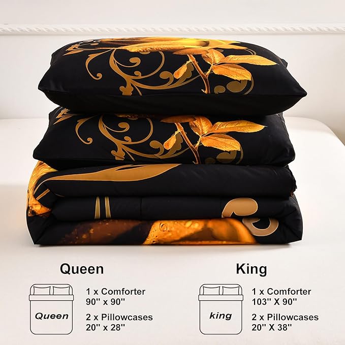 WONGS BEDDING Yellow Comforter Set King Reversible Yellow Rose Pattern Printed Bedding Comforter Set with 2 Pillowcases for All Seasons, Soft Microfiber Filling Bedding Set 103"x90" - LeafyLoom