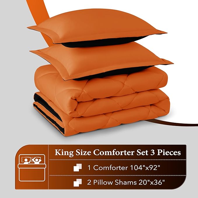 downluxe King Size Comforter Set - Orange and Black King Comforter, Soft Bedding Sets for All Seasons -3 Pieces - 1 Comforter (104"x92") and 2 Pillow Shams(20"x36") - LeafyLoom