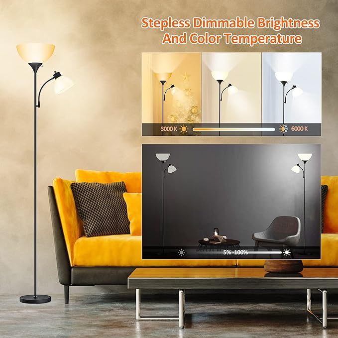 Floor Lamp, Remote Control with 4 Color Temperatures, LED Torchiere Floor Lamp with Adjustable Reading Lamp for Bedroom, Standing Lamps for Living Room, Bulb Included (Matte Black) - LeafyLoom