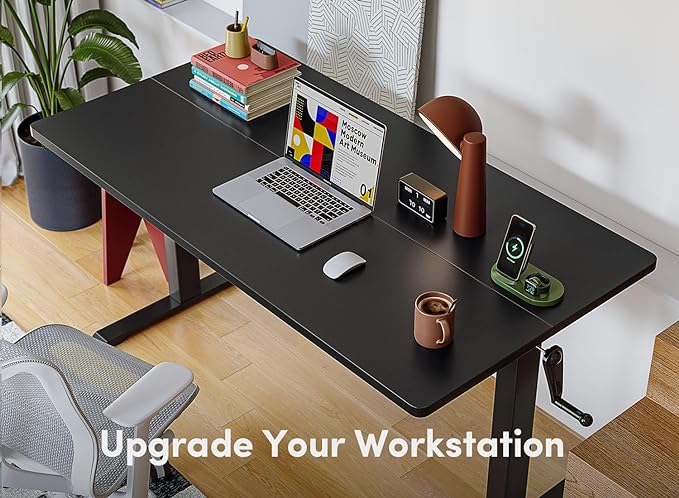 FEZIBO Crank Height Adjustable Desk, 48 Inches Manual Standing Desk, Writing Table with Handle, Home Office Desk with Black Frame/Black Table Top - LeafyLoom