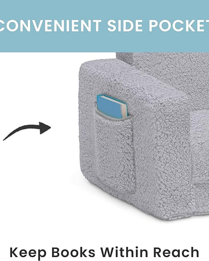 Delta Children Cozee Flip-Out Sherpa 2-in-1 Convertible Chair to Lounger for Kids, Grey - LeafyLoom