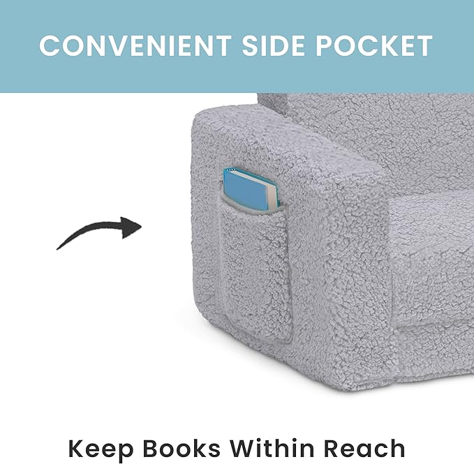 Delta Children Cozee Flip-Out Sherpa 2-in-1 Convertible Chair to Lounger for Kids, Grey - LeafyLoom