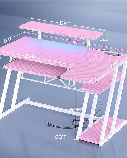 armocity Pink Gaming Desk with Shelves and Power Outlets, L Shaped Gaming Desk with LED Lights, Reversible L Shaped Computer Desk for Gaming, Gamer Desk with Monitor Stand, 47" - LeafyLoom