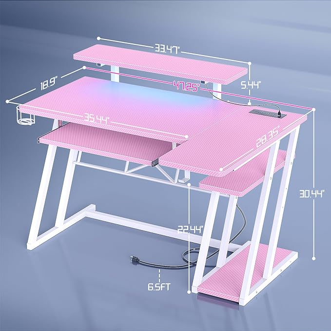 armocity Pink Gaming Desk with Shelves and Power Outlets, L Shaped Gaming Desk with LED Lights, Reversible L Shaped Computer Desk for Gaming, Gamer Desk with Monitor Stand, 47" - LeafyLoom