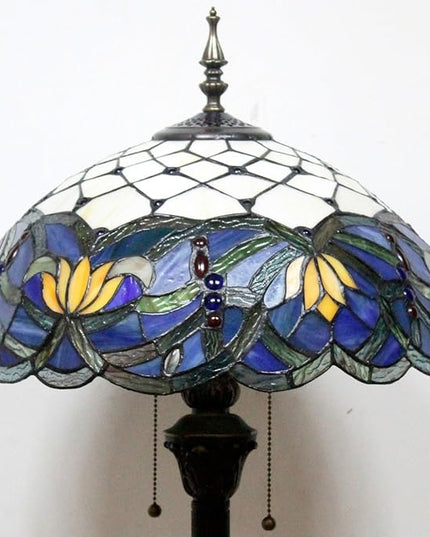 WERFACTORY Tiffany Floor Lamp Blue Lotus Stained Glass Flower Standing Reading Light 16X16X64 Inches Antique Pole Corner Lamp Decor Bedroom Living Room Home Office S220 Series - LeafyLoom
