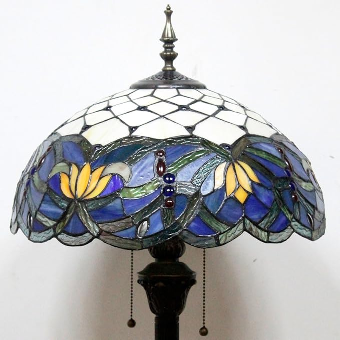 WERFACTORY Tiffany Floor Lamp Blue Lotus Stained Glass Flower Standing Reading Light 16X16X64 Inches Antique Pole Corner Lamp Decor Bedroom Living Room Home Office S220 Series - LeafyLoom
