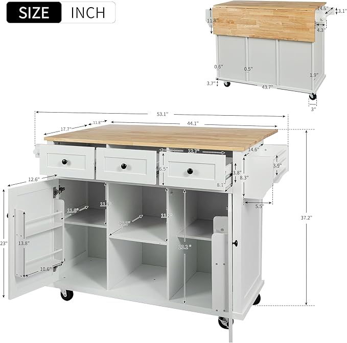 Kitchen Island with Storage, Rolling Table on Wheels w/Drop-Leaf Countertop,Internal Racks, Cabinet, 3 Drawers for Dinning Room, Rubber Wood Contertop - LeafyLoom
