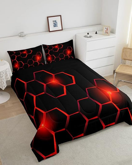 Honeycomb Kids Comforter Set Modern Geometry Hexagon Bedding Set for Boys Children Teens Bedroom Decor Geometrical Comforter Beehive Geometric Black Red Duvet Set Queen Size with 3 Pillow Case - LeafyLoom
