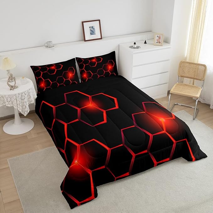 Honeycomb Kids Comforter Set Modern Geometry Hexagon Bedding Set for Boys Children Teens Bedroom Decor Geometrical Comforter Beehive Geometric Black Red Duvet Set Queen Size with 3 Pillow Case - LeafyLoom