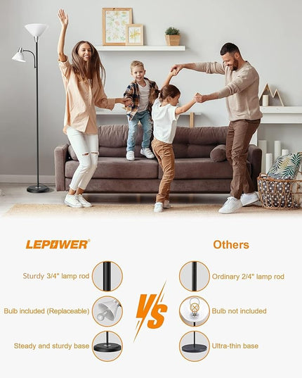 LEPOWER Floor Lamp, Standing Lamp with Replaceable 3000K Energy-Saving LED Bulbs,9W Lamp for Living Room with 5W Adjustable Reading Light, Modern Bright Floor Lamp for Bedroom, Living Room, Office - LeafyLoom