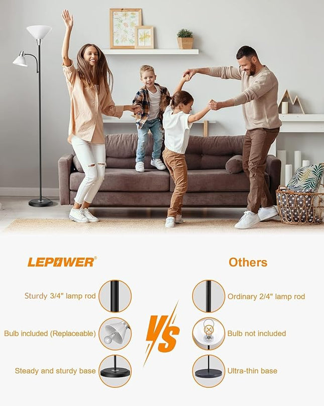 LEPOWER Floor Lamp, Standing Lamp with Replaceable 3000K Energy-Saving LED Bulbs,9W Lamp for Living Room with 5W Adjustable Reading Light, Modern Bright Floor Lamp for Bedroom, Living Room, Office - LeafyLoom