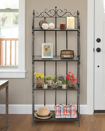 MyGift Black Metal Freestanding Shelf Rack, Decorative Bakers Rack Bookshelf Storage Shelf Unit with Metal Scrollwork Frame, Indoor Plant Pot Display Stand with 4 Wood Shelves - LeafyLoom