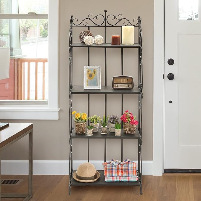 MyGift Black Metal Freestanding Shelf Rack, Decorative Bakers Rack Bookshelf Storage Shelf Unit with Metal Scrollwork Frame, Indoor Plant Pot Display Stand with 4 Wood Shelves - LeafyLoom