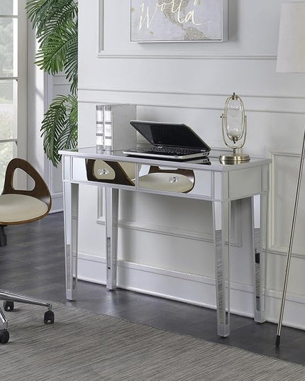 Convenience Concepts Gold Coast Desk 42" Console Table with 2 Drawers for Storage in Living Room, Office, Den, 42 x 15 x 30 inches, Silver/Mirror - LeafyLoom