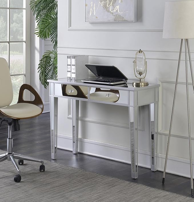 Convenience Concepts Gold Coast Desk 42" Console Table with 2 Drawers for Storage in Living Room, Office, Den, 42 x 15 x 30 inches, Silver/Mirror - LeafyLoom