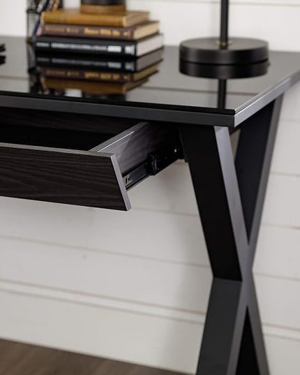 Walker Edison Lawrence Urban Industrial X Leg Glass Top Computer Desk, 48 Inch, Black - LeafyLoom