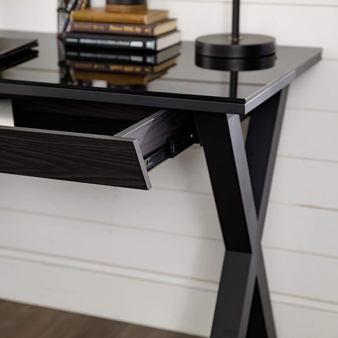 Walker Edison Lawrence Urban Industrial X Leg Glass Top Computer Desk, 48 Inch, Black - LeafyLoom