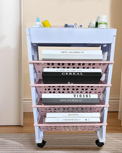5 Tier Rolling Utility Book Cart, Movable Bookshelf Organizer with Wheels, Storage Book Shelves, Book Rack for Study in Classroom School Office, White-Pink - LeafyLoom