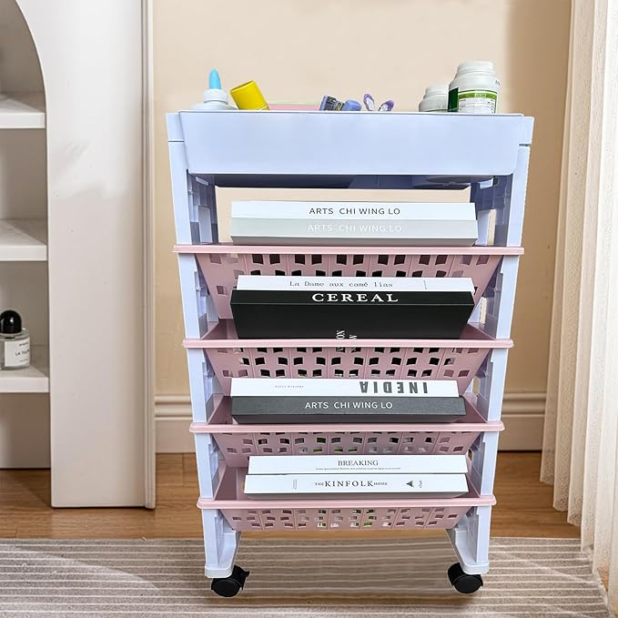 5 Tier Rolling Utility Book Cart, Movable Bookshelf Organizer with Wheels, Storage Book Shelves, Book Rack for Study in Classroom School Office, White-Pink - LeafyLoom