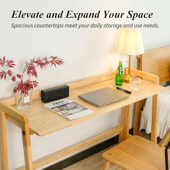 Computer Desk, Foldable Desk, Home Office Desks, Solid Wood Writing Desk, Mid Century Modern Desks, Oak Study Table, Folding Desks for Small Spaces, 39.4 W x 27.6 H x 13.6 D Inches, Natural - LeafyLoom