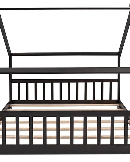 Bellemave Wood Montessori Full Size Bed Frame, Espresso - Playhouse Design, Sturdy, Safety, No Box Spring Needed, Easy Assemble - LeafyLoom