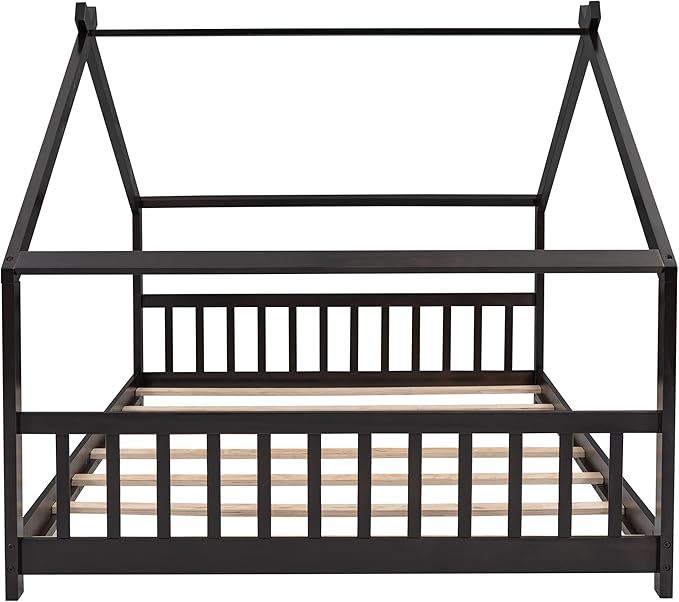 Bellemave Wood Montessori Full Size Bed Frame, Espresso - Playhouse Design, Sturdy, Safety, No Box Spring Needed, Easy Assemble - LeafyLoom