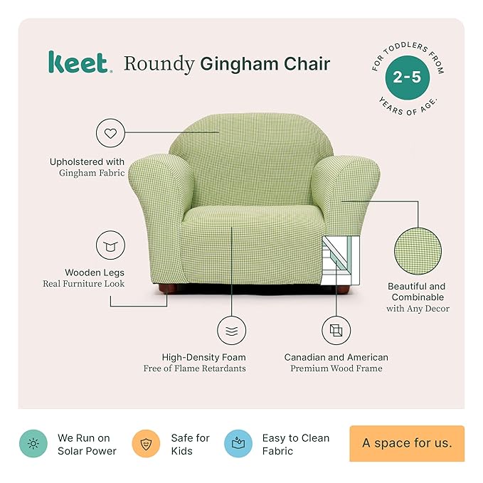 KEET Roundy Kid's Chair, Gingham Chair Only, Wood,Green - LeafyLoom