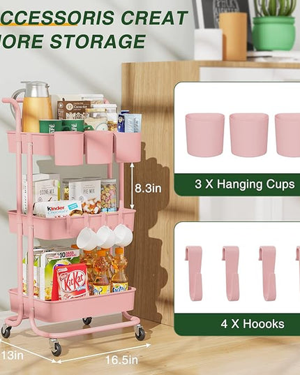3-Tier Rolling Mobile Utility Cart with Hanging Cups & Hooks & Handle Multifunctional Organizer Storage Trolley Service Cart with Wheels Easy Assembly for Office, Bathroom, Kitchen(Pink) - LeafyLoom
