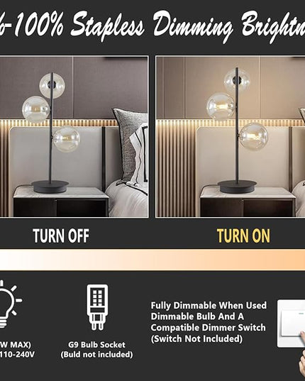 Mid Century Modern 3 Lights Globe Table Lamp Contemporary Minimalist Tall Bedside Desk Lamp Farmhouse Cognac Glass Nightstand Lamps Vintage Reading Light for Bedroom Living Room MTL03-B - LeafyLoom