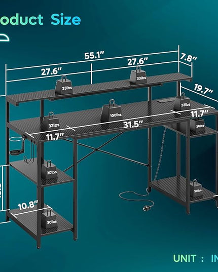 Bestier Gaming Desk with Reversible Power Outlets, 55 inch LED Computer Desk with Monitor Stand & Adjustable Shelves, Writing Desk with Cup Holder & Hook for Home Office, Black 3D Carbon Fiber - LeafyLoom