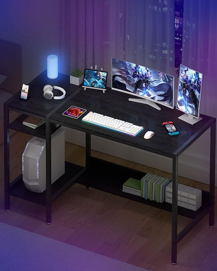Computer Desk - 38” Gaming Desk, Home Office Desk with Storage, Small Desk with Monitor Stand, Writing Desk for 2 Monitors, Adjustable Storage Space, Modern Design Corner Table, Black. - LeafyLoom