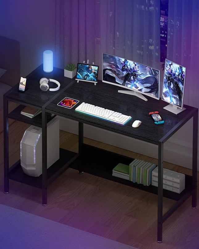Computer Desk - 38” Gaming Desk, Home Office Desk with Storage, Small Desk with Monitor Stand, Writing Desk for 2 Monitors, Adjustable Storage Space, Modern Design Corner Table, Black. - LeafyLoom