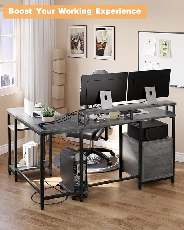 67" L Shaped Computer Desk with Drawers, Reversible Home Office Desk with Power Outlet, Adjustable Shelf and Mobile CPU Stand, Work Desk for 3 Installation Types, Corner Office Desk, Rustic Gray - LeafyLoom