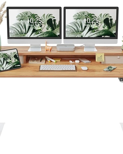 FEZIBO 55 x 24 Inch Height Adjustable Electric Standing Desk with Double Drawer, Stand Up Desk with Storage Shelf, Sit Stand Desk, Light Rustic - LeafyLoom