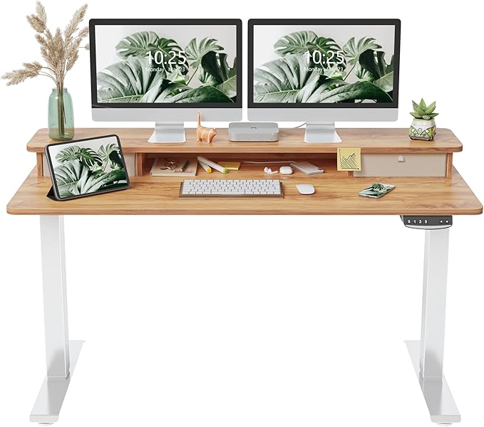 FEZIBO 55 x 24 Inch Height Adjustable Electric Standing Desk with Double Drawer, Stand Up Desk with Storage Shelf, Sit Stand Desk, Light Rustic - LeafyLoom