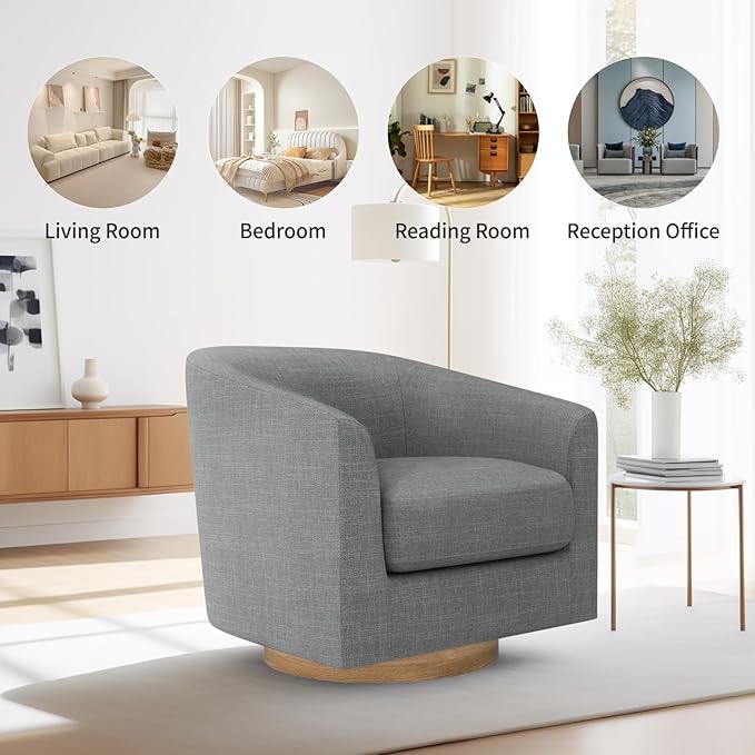 MUUEGM Accent Chair with Arms, 360 Degree Swivel Accent Chair with Wood Base, Modern Barrel Chair for Living Room, Bedroom, Waiting Room, Fully Assembled,Performance Fabric in Dark Grey - LeafyLoom
